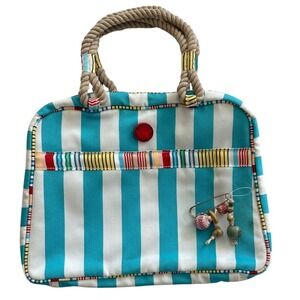 SOHO Striped Boho Turquoise and White Travel Cosmetic Toiletries Bag